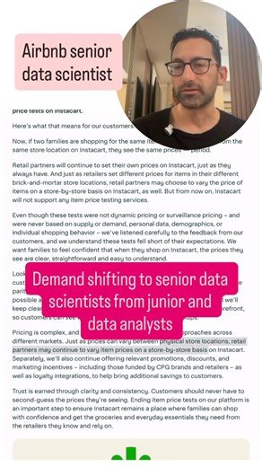Jonathan on Instagram: "This shift away from user-level pricing experiments fundamentally changes who can run these experiments. Junior analysts who relied on large-sample randomized tests may struggle. Senior data scientists with expertise in quasi-experimental methods, propensity score matching, and synthetic control methods become more essential. #datascience #causalinference #instacart #abtesting #statistics​​​​​​​​​​​​​​​​"