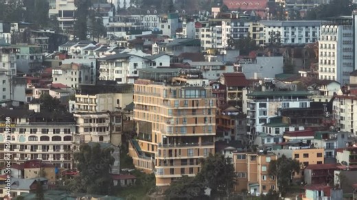 Sa Pa, VIETNAM – 7 December 2025: Aerial view of the architecture in Sa Pa. The town is known for its mountainous landscape and rice terraces.