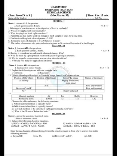 Bridge Course 10th Class Grand test Exams -2026, Telugu, Hindi and Physical Science Question Papers