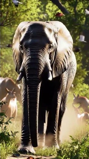Elephant running powerfully through the dense jungle