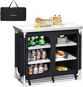 Goplus Camping Table with Storage, Aluminum Portable Camp Kitchen Cabinet Table with Carrying Bag, Lightweight Outdoor Cooking Table for Picnic Tailgating Beach BBQ Party RV (Black)