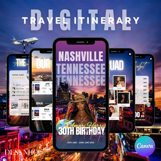 Digital Nashville Tennessee Birthday Trip Itinerary Template, Editable Canva Weekend Travel Planner - Etsy