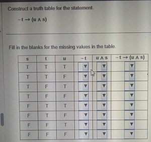 Construct a truth table for the statement.∼t→(u∧s)Fill in th... | Filo