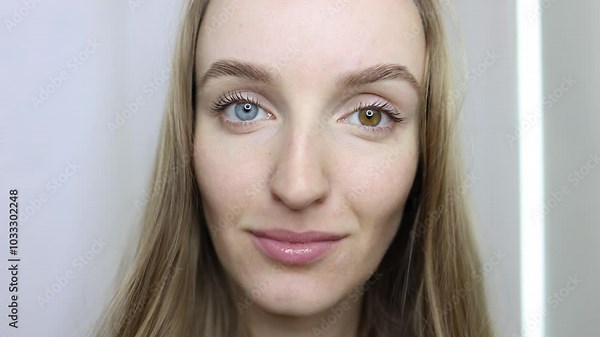 Heterochromia is a unique natural phenomenon in a young, beautiful woman. Close-up of female face. The girl is genuinely smiling and looking at the camera. Natural beauty, eyes of different colors