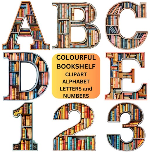 Bookcase Alphabet Clipart: Library Letters & Numbers PNG (digital Download) - Etsy UK