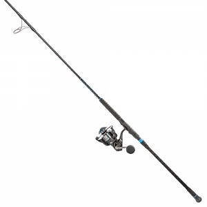 Quantum Benchmark Spinning Reel & Fishing Rod Combo, 8-Foot, 2-Piece, Med-Heavy Power, Moderate-Fast Action Rod, Graphite Composite Blank, Size 5000 Reel, 5 1 Bearings, 5.6:1 Gear Ratio, Silver/Blue