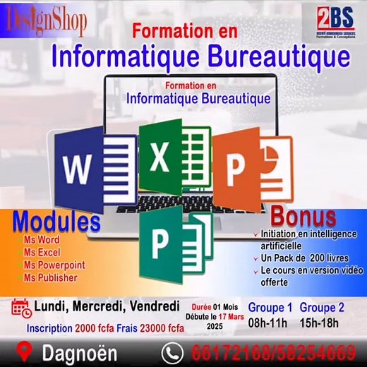 🚀 FORMATION EN INFORMATIQUE BUREAUTIQUE – DEVENEZ OPÉRATIONNEL EN QUELQUES JOURS ! Vous souhaitez maîtriser l’informatique pour booster votre productivité et vos opportunités professionnelles ? Ne manquez pas cette formation intensive qui vous rendra autonome sur les outils bureautiques les plus utilisés ! ✅ Au programme : 🔹 Ms Word : Création et mise en forme de documents professionnels 🔹 Ms Excel : Tableaux, formules et analyse de données 🔹 Ms PowerPoint : Présentations percutantes et dyna