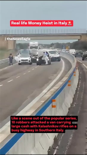 The News Eagle on Instagram: "Money heist Italy 🇮🇹🚨 In an incident straight out of the Popular Netflix series, a criminal group composed of around 10 individuals wearing black and white jumpsuits and masks, executed a meticulously planned robbery that brought traffic to a standstill. The assault, which occurred in the early morning hours near the town of Tuturano, targeting an armoured vehicle transporting a significant amount of cash.To isolate the target, the gang used multiple stolen vehic