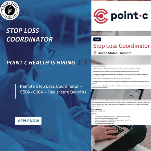 Stop Loss Coordinator 📌 Point C Health is HIRING ❗❗ 📍 Location: Remote (United States) 💼 Type: Full-Time 💰 Pay: $50,000 – $60,000 per year 📩 Apply Here: https://job-boards.greenhouse.io/pointc/jobs/5107072008?gh_src=6e73383b8us&fbclid=IwY2xjawP4D5VleHRuA2FlbQIxMABicmlkETEzQzg0amlVZDl3d0h4TzZ3c3J0YwZhcHBfaWQQMjIyMDM5MTc4ODIwMDg5MgABHqUiEBAre3D_Z_4COUNw4uHuG0URqn_xo9sDIHQ9sL7oXAjiX6EOGGDxBEwP_aem_GmMl8qgRmTCdbQ6674FGHQ
