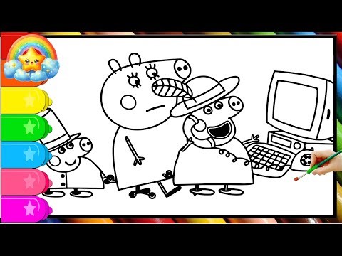 Mummy Pig works on camputer Easy drawing, Peppa Pig drawing, Peppa Pig coloring book