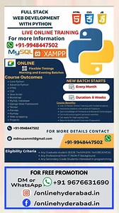 FREE ADVERTISEMENT 💻 Ready to kickstart Your Career in Web Development? Join our Full Stack Web Development with Python course and gain expertise in Python, HTML, CSS, JavaScript, MySQL, and more! With LIVE Online Training, flexible batch timings, and real-world projects, you’ll be job-ready in just 8 weeks! 🌟 New batches starting every month! Don’t miss out — Contact 91-9948447502 for more details and to enroll. 🚀 Follow us for more @onlinehdyerabad.in #OnlineHyderabad #Hyderabad #hyderabadi