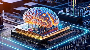 animated hologram of a brain above a computing unit and circuit board visually depicts generative AI and machine learning operations in a 3D simulated environment, complex computing unit board