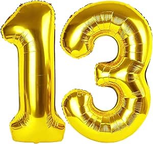 Gold Number 13 Balloon 40 inch, 13 Number Balloons, 13th Gold Birthday Decorations, 13 Year Old Girls Boys Golden Party Supplies