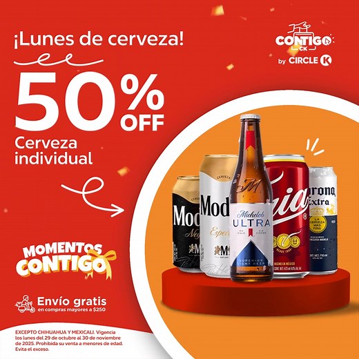 115K views · 30 reactions | ¡Lunes con chela al 50%!  Durante Monday Night Football, disfruta 50% OFF en cerveza. Exclusivo en www.contigock.com.mx.  Excepto en Chihuahua y Mexicali | Circle K México | Facebook
