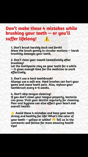 Don’t make these 4 mistakes while brushing your teeth — or you’ll suffer lifelong! 🦷⚠️ #DentalCare #HealthyTeeth #OralHygiene #ToothCare #BrushingTips #SmileBright #DentalHealth #SelfCareTips #OralHealthMatters #HealthyHabits #MouthCare #TeethWhitening #DentistAdvice #GumCare #SwasthSanjivani #HealthAwareness #DailyHealthTips #CleanTeeth #DentalHygiene #StrongTeeth | Swasth.vat