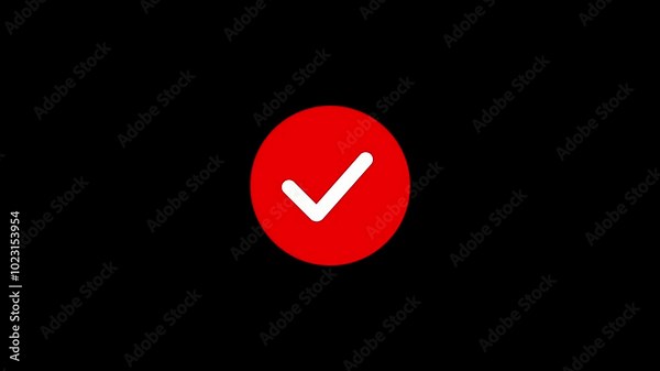 Animated white check mark icon in red circle. Tick mark or approval sign. Correct or verified icon.