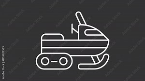 Animated snowmobile white icon. Winter transportation line animation. Outdoor activities. Snowy terrain adventures. Isolated illustration on dark background. Transition alpha video. Motion graphic