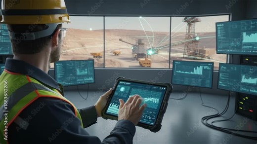 Medium shot of a technician using a tablet to remotely monitor ore extraction data through an IoTenabled digital platform
