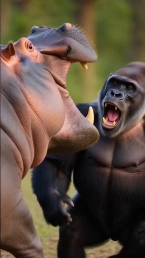 Hippo vs Gorilla Fight 💥✨ #hippo #animalsfight #kingkong