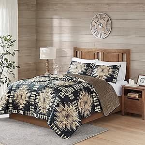 Woolrich Sierra Oversized Quilt Set - Stylish Aztec Southwestern Printed Coverlet and Matching Shams, Cozy Plush Bedding Layer with Solid Color Reverse, Full/Queen Tan/Black 3 Piece