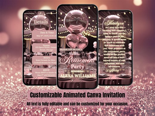 Retirement Party Invitation for Her – Rose Gold Video Evite – Editable Canva Template – Digital Farewell Invite – Surprise Retirement Party - Etsy