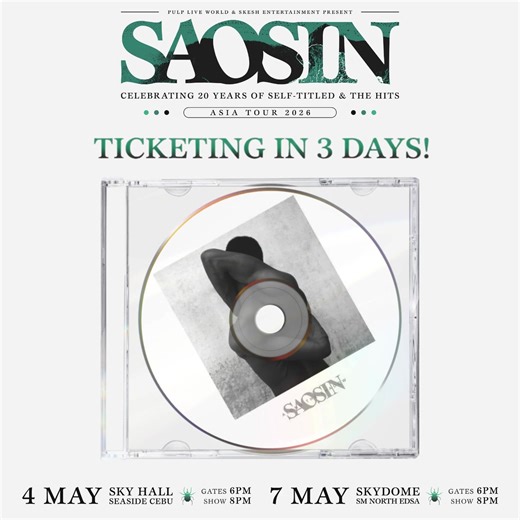 You’d better learn that this is your sign. 🔥 3 DAYS left until tickets for Saosin LIVE IN CEBU and MANILA officially go on sale, and you KNOW it’s going to be a show you don’t want to miss! We’re celebrating 20 years of the iconic self-titled record by SAOSIN - the sonic masterpiece that helped shape a generation! 🤘 This is your chance to relive that magic. Loud. Live. Together. Tickets will be available on February 27, 12PM PHT at SM Tickets outlets and online at smtickets.com for both shows.