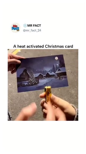❄️MR FACT on Instagram: "The post features a 13-second video of a thermochromic Christmas card depicting a dark snowy village; applying heat from a butane lighter reveals hidden illuminated windows and tree lights, creating a "magical" glow effect that resets after cooling. Thermochromic inks in the card use leuco dyes that turn transparent at around 30°C, exposing underlying colorful prints; this reversible process, based on molecular structure changes, makes the card reusable and safe for brie
