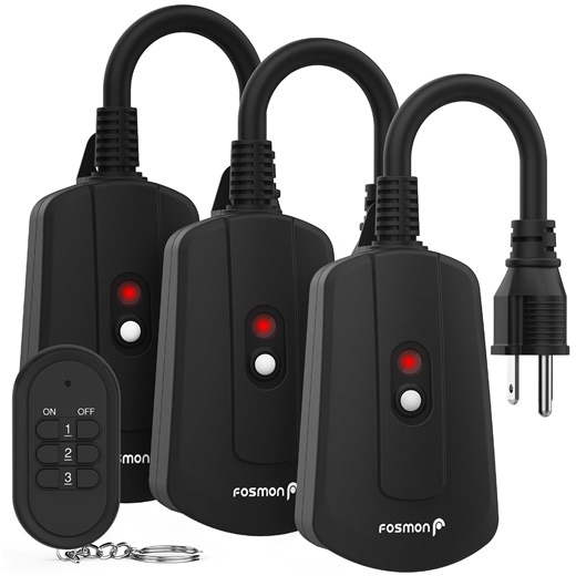 Fosmon Outdoor Indoor Wireless Remote Control 3-Prong Outlet - UL Listed (3 Receiver, 1 Remote), (13A 125V 1625W) Heavy Duty Waterproof Grounded Electrical Plug in Remote Light Switch, 100ft Range