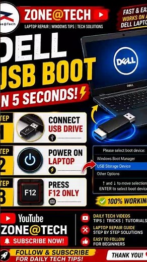 Dell Laptop USB Boot in 5 Seconds! 🔥 Connect USB & Press F12 Only | Boot Menu Guide