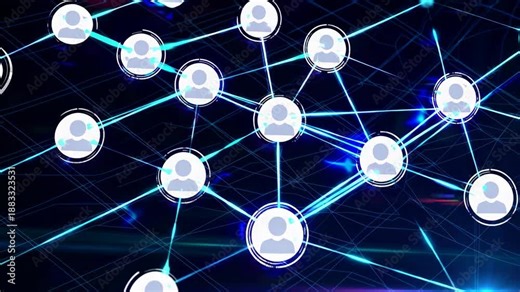 Network of interconnected user icons on a digital interface, representing modern communication, technology, and global connectivity. blue hues and light effects emphasize the digital and futuristic th