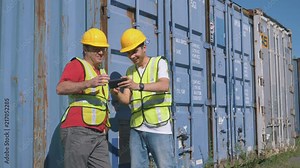 Worker distracting his colleague showing him funny content on his smartphone during work time in a shipping yard filled with large shipping containers.