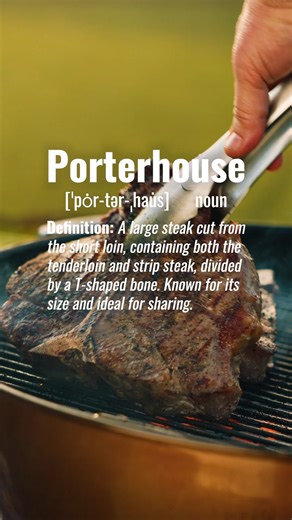 Porterhouse [ˈpȯr-tər-ˌhau̇s] noun Definition: This #CertifiedAngusBeef cut delivers both a tenderloin filet and strip steak in one bone-in masterpiece. Translation: The steak made for sharing (but hard to). | Certified Angus Beef ® brand
