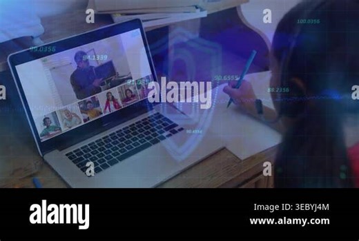 Student writing during laptop class host starting shield overlay pulsing across desk securing data. Remote, learning, education, pupil, child, computer, conference Stock Video Footage - Alamy