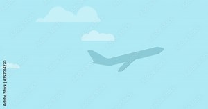 4K resolution Looped animation of plane taking off the ground. Seamless motion animated footage in flat style with aircraft flying up to the sky. Airplane rises in clouds, flight to holiday vacation