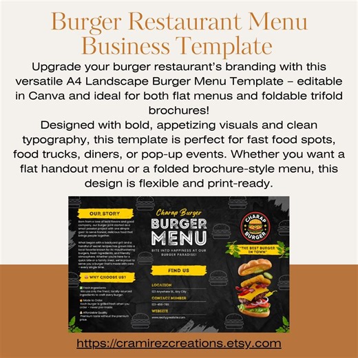 Burger Menu | Restaurant Menu & Trifold Brochure Design | Printable Menus for Bar, Food Truck and Restaurant | Editable Menu Canva Template - Etsy