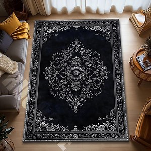 Black and Silver Ornate Area Rug, Luxury Victorian Damask Carpet, Dark Gothic Bedroom Decor, Elegant Vintage Living Room Rug - Etsy