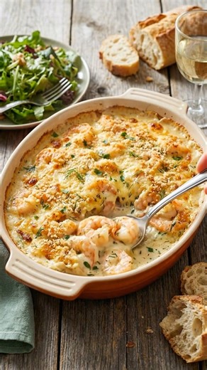 Gratin de crevettes à la sauce crémeuse ⏱️ Temps : 15 min de préparation · 25–30 min de cuisson 🍽️ Pour : 4 personnes 🔥 Difficulté : Facile Ingrédients 500 g de crevettes crues, décortiquées et déveinées 30 g de beurre 1 échalote finement ciselée 2 gousses d’ail, hachées 20 cl de crème fraîche épaisse 10 cl de lait (ou bouillon de poisson) 50 g de fromage râpé (emmental, comté ou gruyère) 1 c. à soupe de farine 1 c. à soupe de jus de citron 1 pincée de muscade Sel, poivre (Optionnel) persil ou