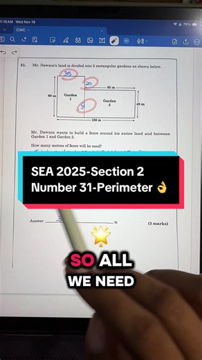 Perimeter is one of the most common SEA math questions Perimeter means the total distance around a shape. You find it by adding all the sides. Perfect for fences, borders, outlines, and measurement problems. Most tested SEA formulas: • Perimeter = add all sides • Rectangle = 2 × (length   width) • Triangle = side   side   side • Area of rectangle = length × width • Area of triangle = ½ × base × height • Area of square = side × side • Volume = length × width × height Teach this, save this, revise