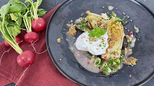 ARD-Buffet: Rezept: Gebratener Chicorée mit Kräutervinaigrette und pochiertem Ei
