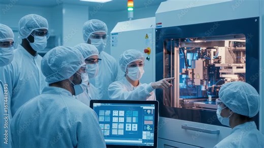 Diverse team of cleanroom technicians collaborate around photolithography station to optimize microchip patterning process in fab environment.