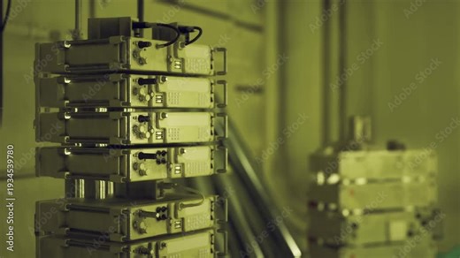 Stacked server modules in corridor, cool fluorescent lighting highlights orderly cabling with maintenance tags, visible LEDs and labels, sterile industrial feel