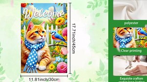 IVN Welcome Spring Cat Garden Flag 12x18 Inch Double Sided Spring Garden Flags For Outside Cute Orange Cat Floral Bird Yard Flag Outdoor Lawn Porch Decor