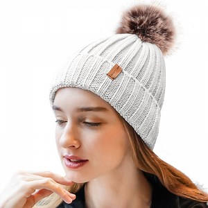 Winter Beanie Hat for Women with Pompom Warm Fleece Lined, Women Warm Chunky Soft Knit Skull Cap for Skiing, Christmas Gifts for Her, White