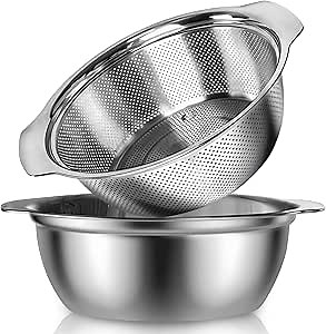 304 Stainless Steel Colander With Handle, 4-Quart Micro-Perforated Strainer Colander Set with Mixing Bowl, BPA Free, Great for Draining Cooked Pasta, Noodles,Vegetables, Fruits and Rice(2PC)