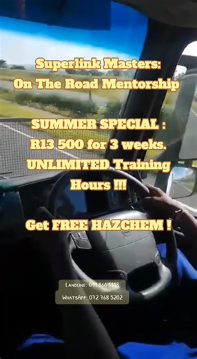 Become a Superlink Master and be JOB READY !! by joining our Superlink Masters training course. ON THE ROAD training. R13 500 FOR 3 WEEKS, 1 week theory lessons, 2 weeks practical training. Get FREE HAZCHEM UNLIMITED DRIVING HOURS including REVERSE !!! Train until you are CONFIDENT and PERFECT !! REQUIREMENTS: A Valid EC License with PDP, CV with Certified copies, Worksuits & Blankets LOCATION: 54 Cachet Road, Lambton, Germiston For more info/bookings 011 866 1118 072 768 5202 | Metrix Academy