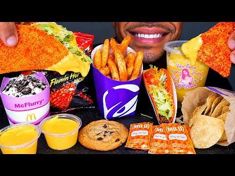 ASMR TACO BELL VS MCDONALD'S NACHO FRIES FLAMIN HOT DORITOS OREO MCFLURRY MUKBANG EATING SHOW JERRY