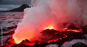 Watch as lava flows into the ocean with a towering mountain in the background. Witness the powerful natural forces at work as magma meets water, creating steam and rock formations