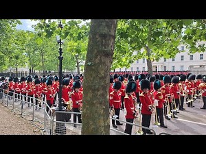 Massed bands 3 of 5 marching to Horse Guards Parade for Colonel Review Trooping the Colour 2024