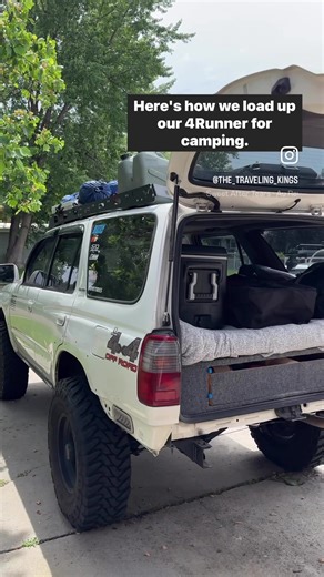 How we pack our 4Runner for camping! ⤵️ 🚙We love the freedom of just loading up our 4Runner and taking it wherever we want to camp. ✌🏻It is still a work in progress, but this is our setup for now! 1. Main bed area: mattress/blankets/pillows 2. Under the bed platform: Clothes and toiletries in packing cubes, and emergency tools and equipment up against the front seats 3. Back pull-out drawer: holds all the camp cookware supplies 4. Roof rack: We got this new one from @victory4x4 and we keep our
