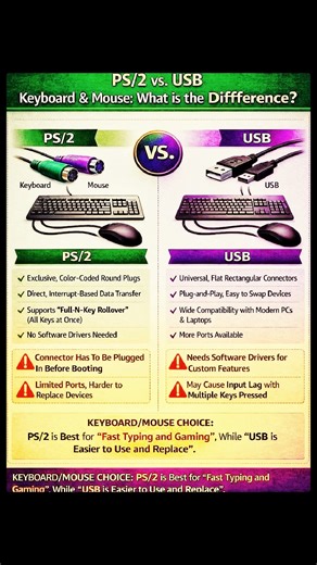 🔥 PS/2 vs USB – The Keyboard & Mouse Battle You Never Knew You Needed ⌨️🖱️ Still think all keyboards and mice work the same? Think again. From hardcore gaming and fast typing to plug-and-play convenience, PS/2 and USB behave very differently under the hood. One offers direct interrupt-based input with better key rollover, while the other wins with universal compatibility and easy swapping. Knowing this difference can actually improve your gaming performance, typing speed, and system reliabilit